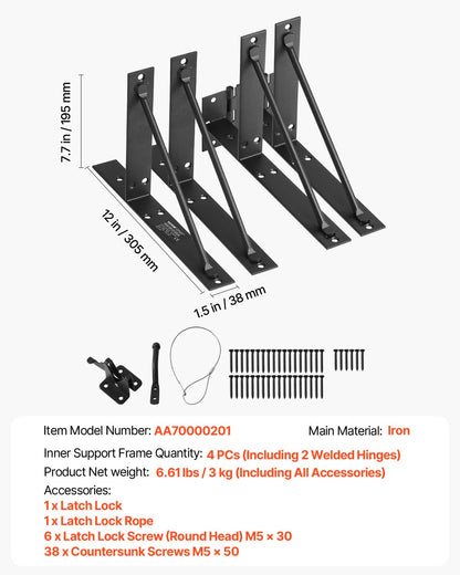 Gate Corner Brace Bracket, Anti Sag Gate Frame Hardware Kit, Gate Frame Brace Bracket with Latch Lock, Latch Lock Rope, for Shed Doors, Corral Gates, Driveway Gates, Stable Gates, Iron, Black