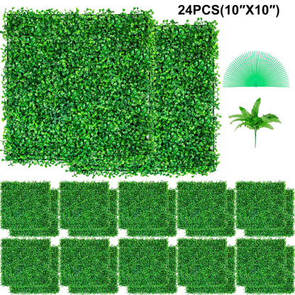 Artificial Boxwood Panel UV 24PCS Boxwood Hedge Wall Panels Artificial Grass Backdrop Wall 10"x10" 4 cm Green Grass Wall Fake Hedge for Decor Privacy Fence Indoor Outdoor Garden Backyard