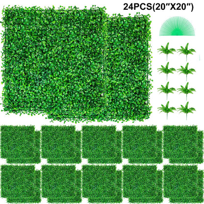 Artificial Boxwood Panel UV 24pcs Boxwood Hedge Wall Panels Artificial Grass Backdrop Wall 20" X 20" 4 cm Green Grass Wall Fake Hedge for Decor Privacy Fence Indoor Outdoor Garden Backyard