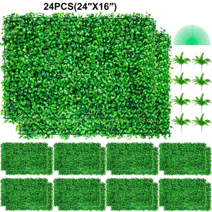 Artificial Boxwood Panel 24" X 16" UV 24pcs Boxwood Hedge Wall Panels Artificial Grass Backdrop Wall 4 cm Green Grass Wall, Fake Hedge for Decor Privacy Fence Indoor, Outdoor Garden Backyard