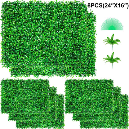 Artificial Boxwood Panel UV 8pcs Boxwood Hedge Wall Panels Artificial Grass Backdrop Wall 24X16" 4cm Green Grass Wall, Fake Hedge for Decor Privacy Fence Indoor Outdoor Garden Backyard