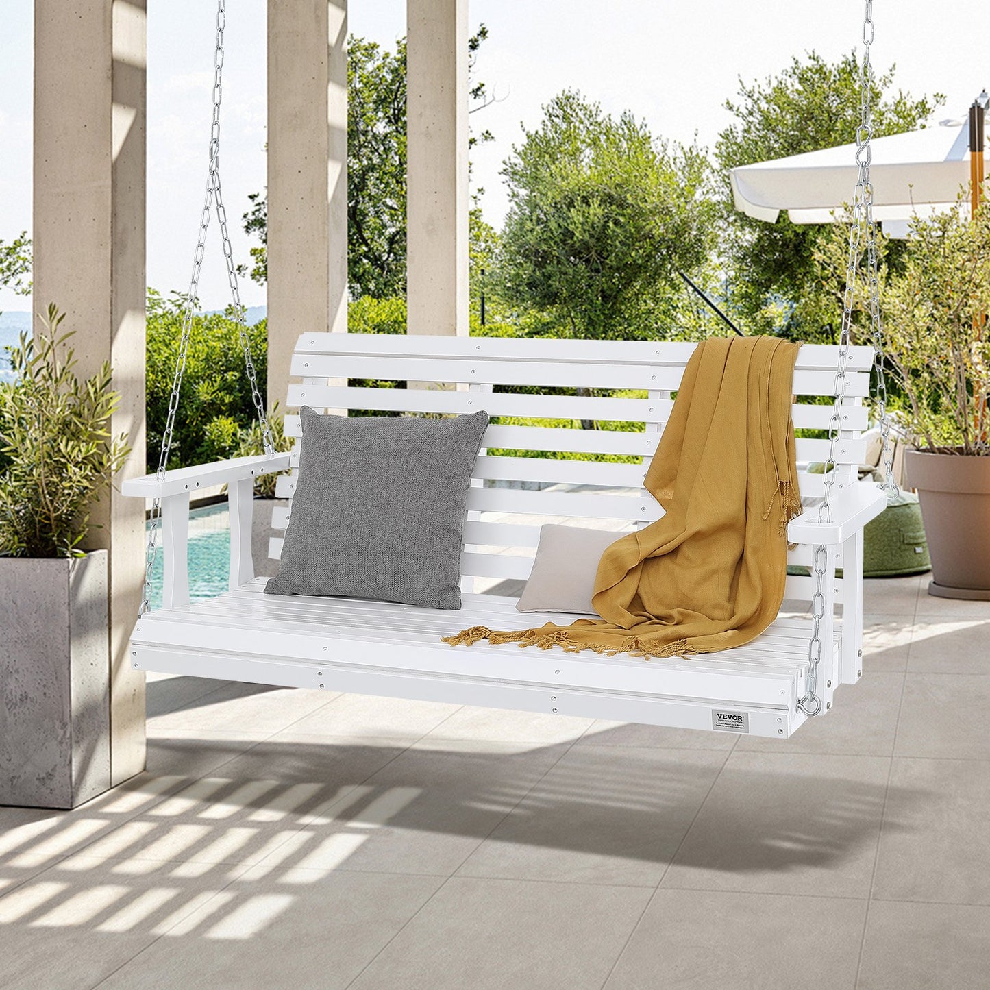 Wooden Porch Swing 4.5 ft, Patio bench swing for Courtyard & Garden, Upgraded 880 lbs Strong Load Capacity, Heavy Duty Swing Chair Bench with Hanging Chains for Outdoors, White