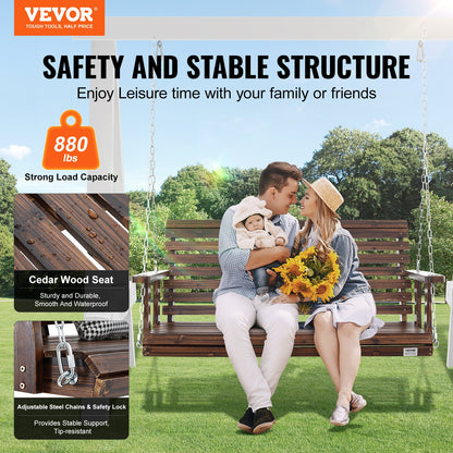 Holzschaukel für Veranda und Terrasse, 1,4 m lang, mit verstärkter Tragkraft von 400 kg, robuste Schaukelbank mit Aufhängeketten für den Außenbereich, karbonisiertes Braun