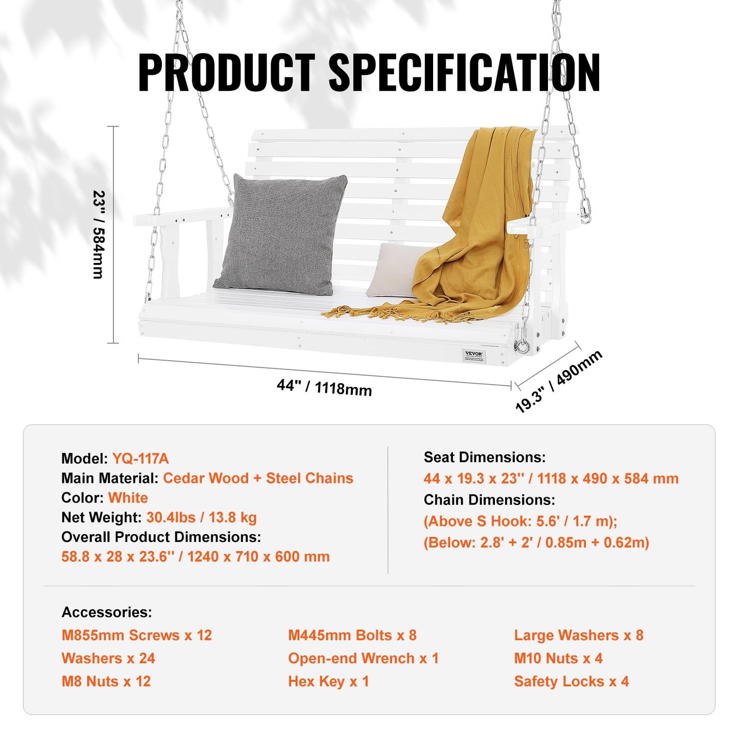 Holzschaukel für Veranda und Terrasse, 120 cm lang, verstärkte Ausführung mit 400 kg Tragkraft, robuste Schaukelbank mit Aufhängeketten für den Außenbereich, weiß