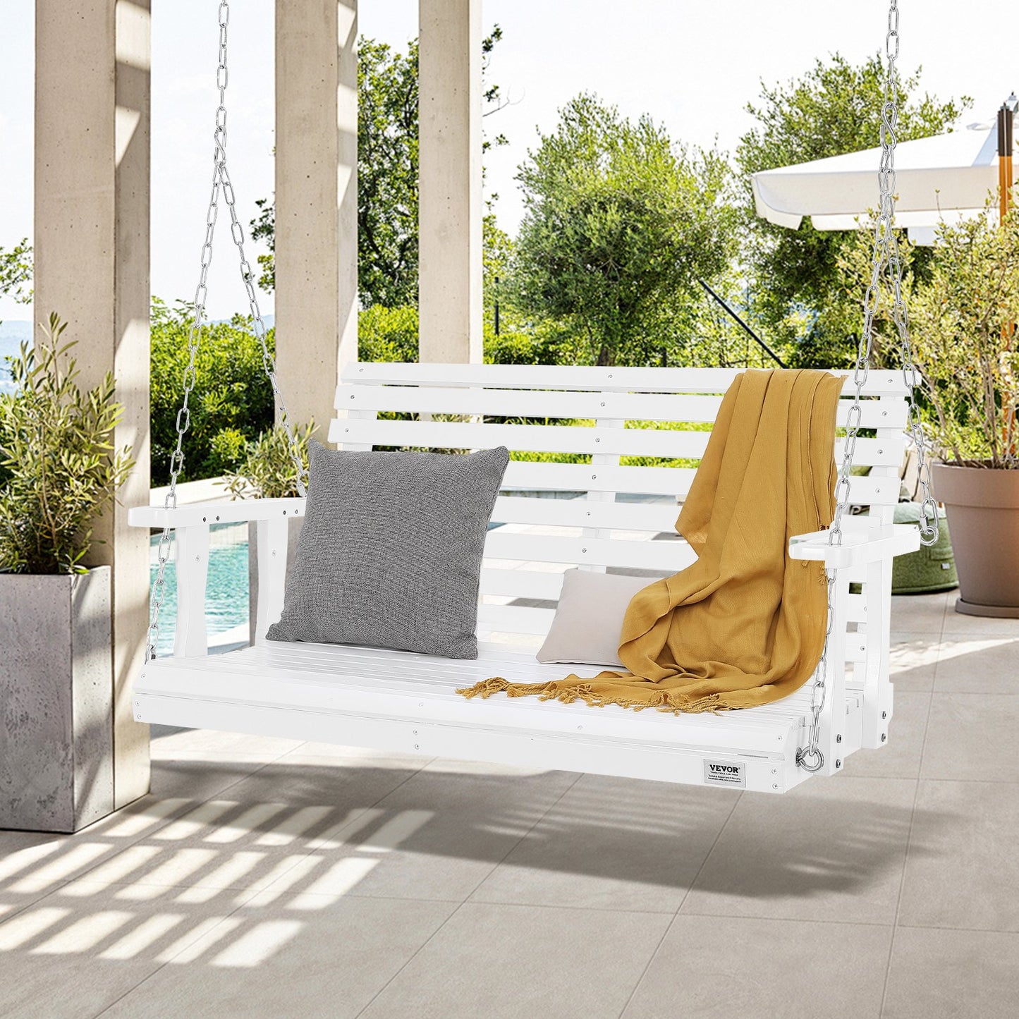 Holzschaukel für Veranda und Terrasse, 120 cm lang, verstärkte Ausführung mit 400 kg Tragkraft, robuste Schaukelbank mit Aufhängeketten für den Außenbereich, weiß