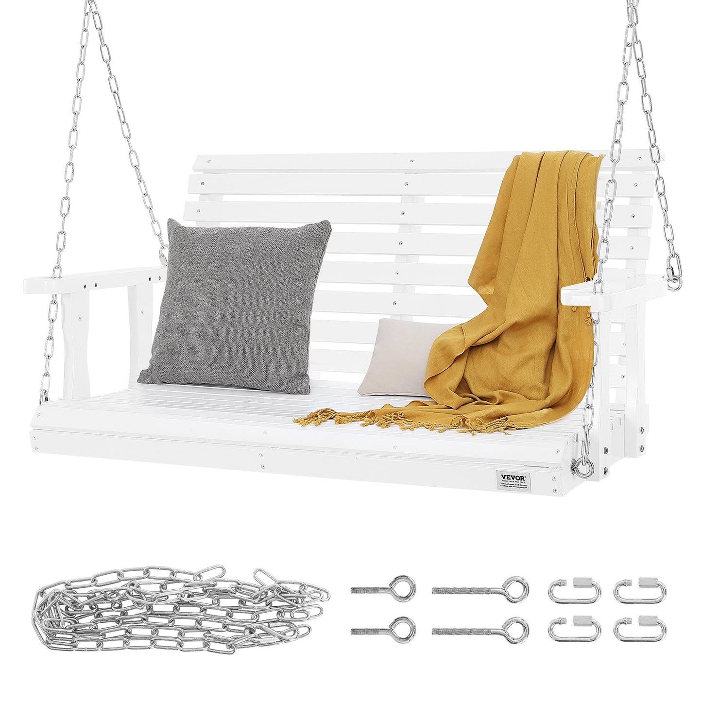 Holzschaukel für Veranda und Terrasse, 120 cm lang, verstärkte Ausführung mit 400 kg Tragkraft, robuste Schaukelbank mit Aufhängeketten für den Außenbereich, weiß