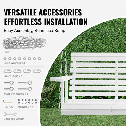 Holzschaukel für Veranda und Terrasse, 1,7 m lang, verstärkte Schaukelbank mit Aufhängeketten für den Außenbereich, weiß