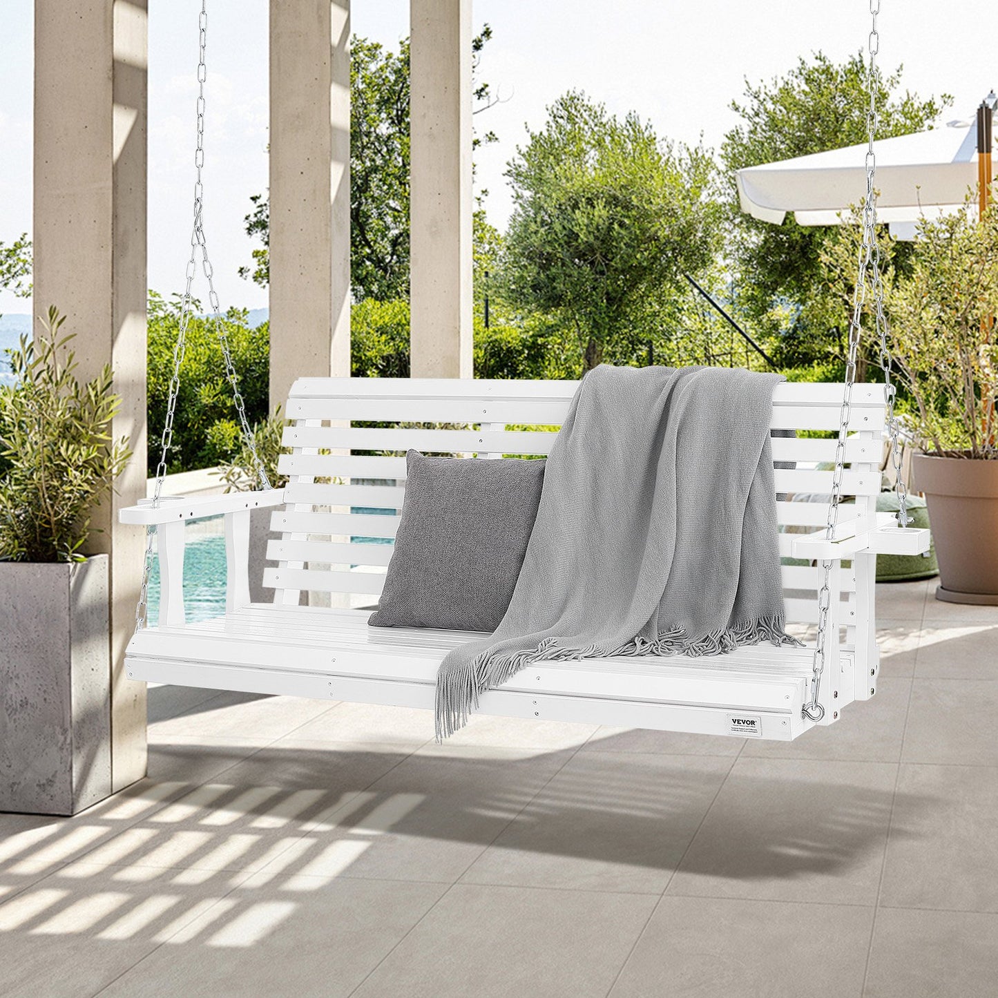 Holzschaukel für Veranda und Terrasse, 1,7 m lang, verstärkte Schaukelbank mit Aufhängeketten für den Außenbereich, weiß
