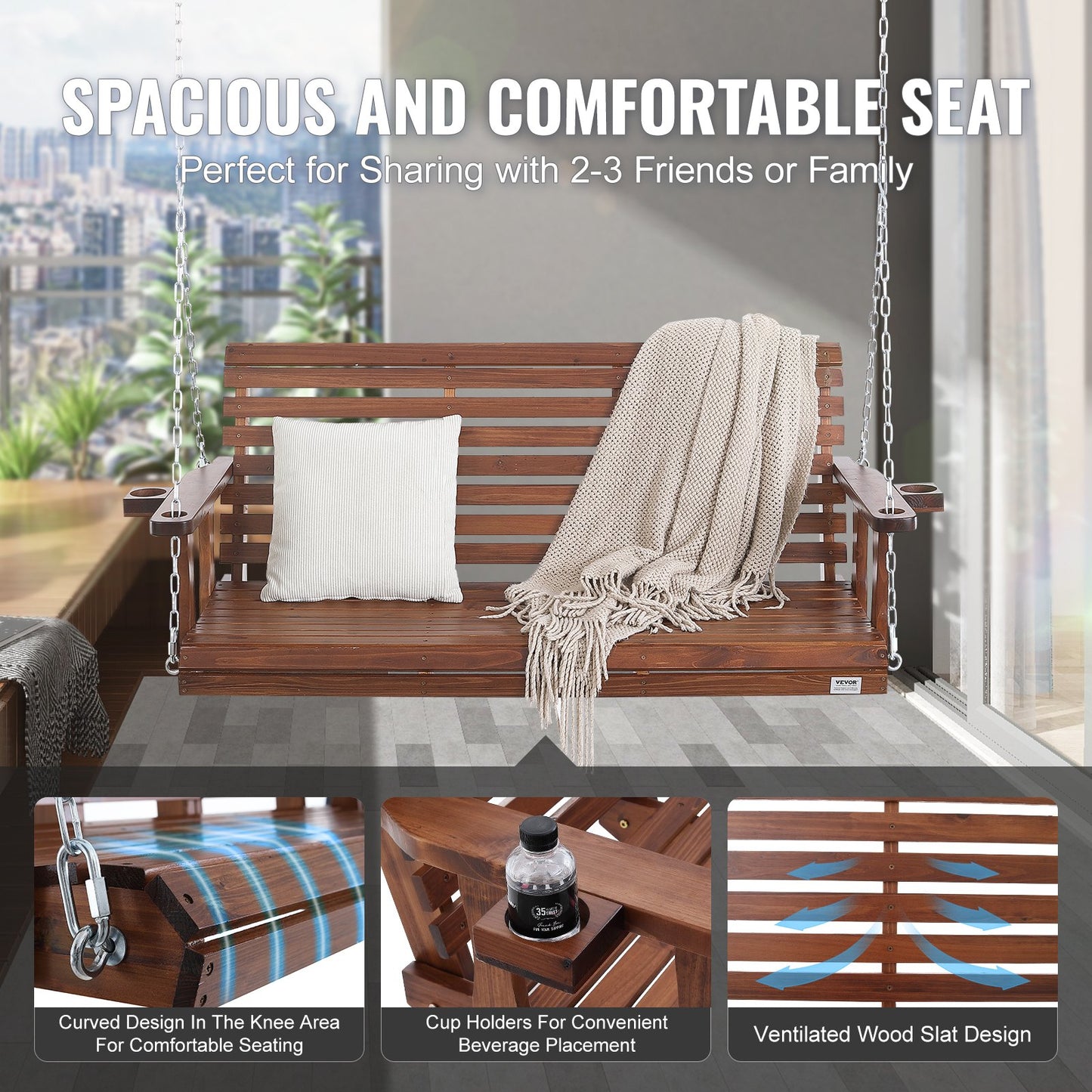 Holzschaukel für Veranda und Terrasse, 1,7 m lang, mit verstärkter Tragkraft von 400 kg, robuste Schaukelbank mit Aufhängeketten für den Außenbereich, braun