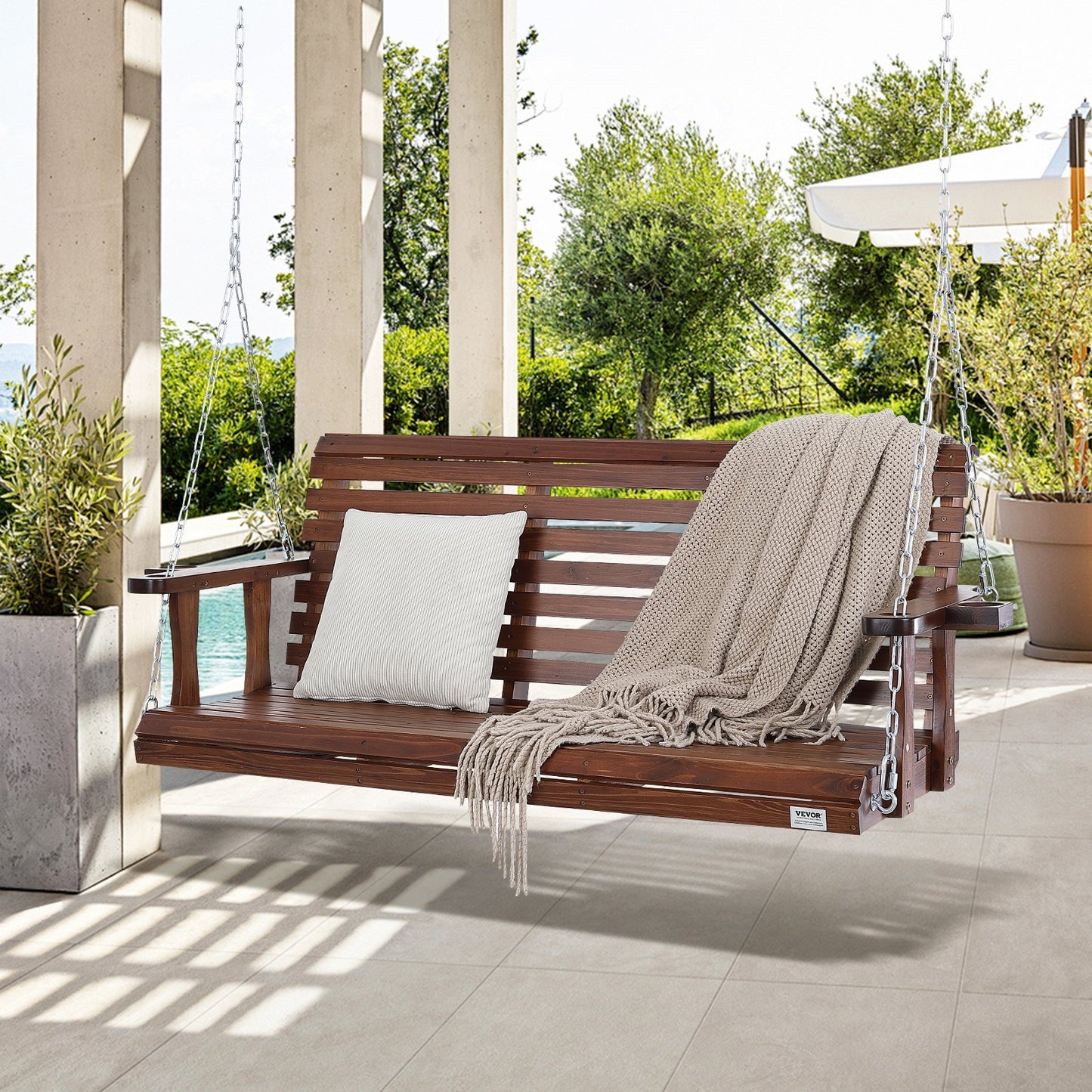 Holzschaukel für Veranda und Terrasse, 1,7 m lang, mit verstärkter Tragkraft von 400 kg, robuste Schaukelbank mit Aufhängeketten für den Außenbereich, braun
