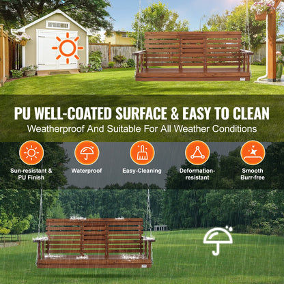 Holzschaukel für Veranda und Terrasse, 1,5 m, verstärkte Ausführung mit 400 kg Tragkraft, robuste Schaukelbank mit Aufhängeketten für den Außenbereich, braun