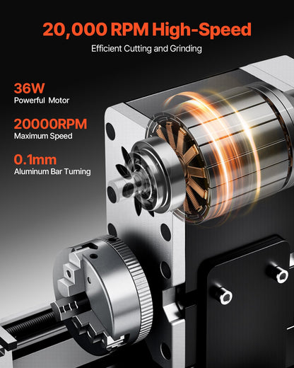 Didaktische Mini-Metalldrehmaschine, 70 x 130 mm (2,76 x 5,12 Zoll), 36 W Leistung, 20.000 U/min, mit 3-Backen-Futter, Handrad aus Aluminiumlegierung, zur Bearbeitung von Präzisionsteilen aus Weichmetallen, Holz und Kunststoffen