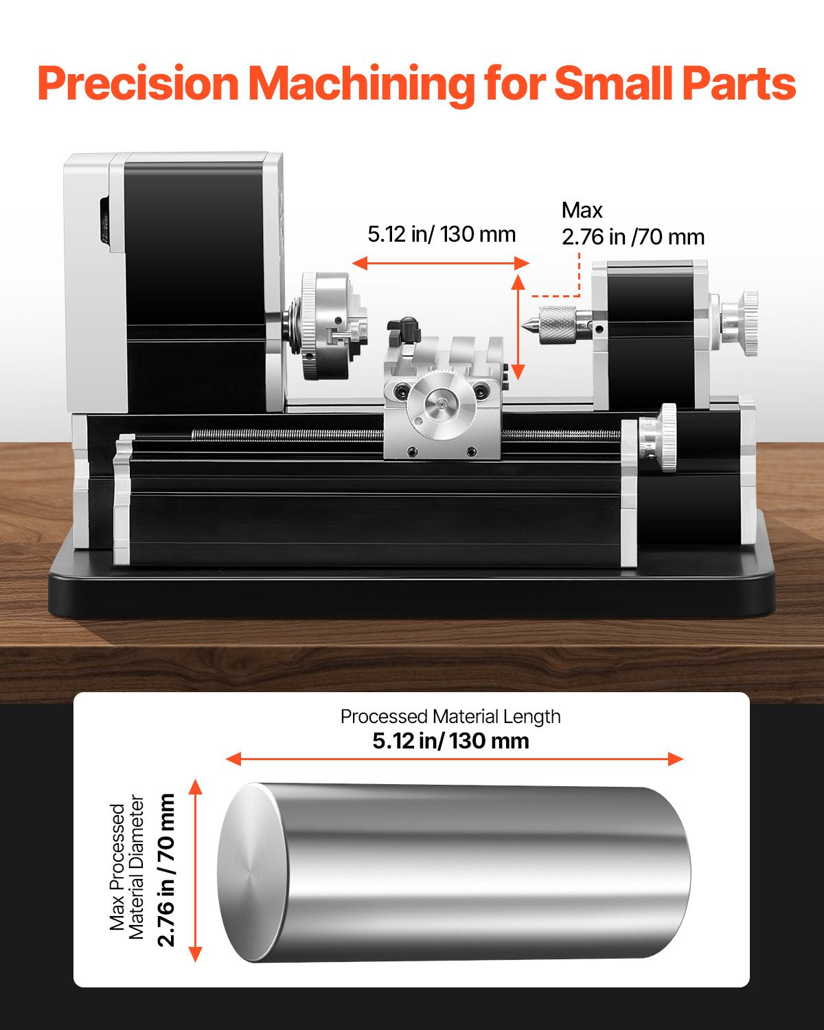 Didaktische Mini-Metalldrehmaschine, 70 x 130 mm (2,76 x 5,12 Zoll), 36 W Leistung, 20.000 U/min, mit 3-Backen-Futter, Handrad aus Aluminiumlegierung, zur Bearbeitung von Präzisionsteilen aus Weichmetallen, Holz und Kunststoffen