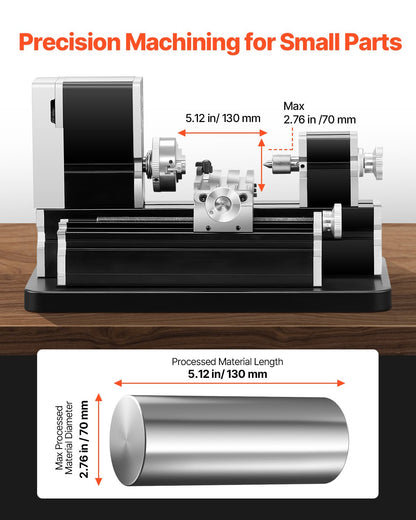 Didaktische Mini-Metalldrehmaschine, 70 x 130 mm (2,76 x 5,12 Zoll), 36 W Leistung, 20.000 U/min, mit 3-Backen-Futter, Handrad aus Aluminiumlegierung, zur Bearbeitung von Präzisionsteilen aus Weichmetallen, Holz und Kunststoffen