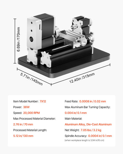Didaktische Mini-Metalldrehmaschine, 70 x 130 mm (2,76 x 5,12 Zoll), 36 W Leistung, 20.000 U/min, mit 3-Backen-Futter, Handrad aus Aluminiumlegierung, zur Bearbeitung von Präzisionsteilen aus Weichmetallen, Holz und Kunststoffen