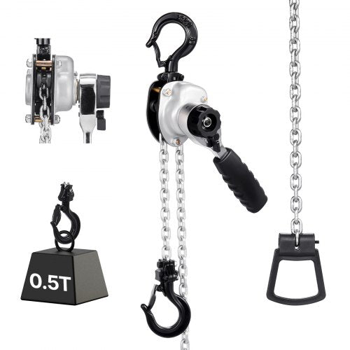Manual Lever Chain Hoist, 1/2T 500KG Capacity Heavy Duty Come Along, 6M Lift G80 Alloy Steel Chain With Dual Pawl Mechanical Brake, 360° Rotating Hooks, for Warehouse Construction Garage