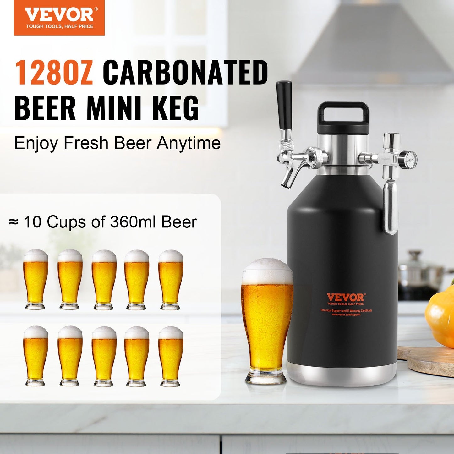 Bierzapfanlage für Growler, 4-Liter-Minifass (128 oz), druckbeaufschlagter Bierkrug aus Edelstahl 304, Druckanzeige, CO2-Regler-Zapfhahn, auslaufsicherer Ring für Fassbier, Heimbrauen und Craft Beer