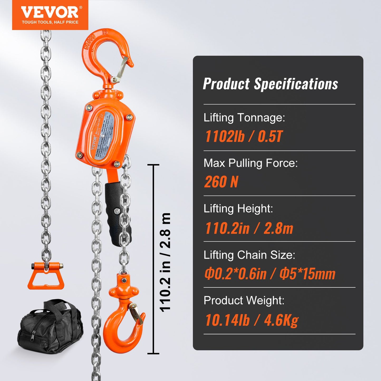 Manual Lever Chain Hoist, 1/2 Ton 499.5 kg Capacity 3.05m Come Along, G80 Galvanized Carbon Steel with Weston Double-Pawl Brake, Auto Chain Leading & 360° Rotation Hook, for Garage Factory Dock