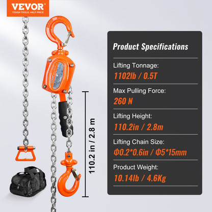 Manual Lever Chain Hoist, 1/2 Ton 499.5 kg Capacity 3.05m Come Along, G80 Galvanized Carbon Steel with Weston Double-Pawl Brake, Auto Chain Leading & 360° Rotation Hook, for Garage Factory Dock