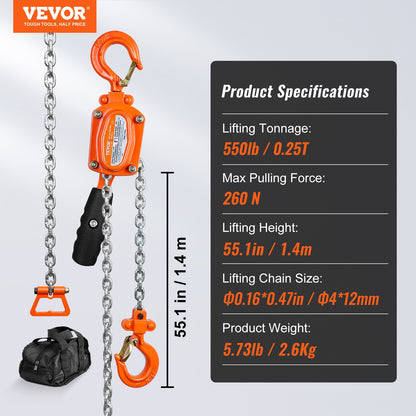 Manual Lever Chain Hoist, 1/4 Ton 550 lbs Capacity 1.5m Come Along, G80 Galvanized Carbon Steel with Weston Double-Pawl Brake, Auto Chain Leading & 360° Rotation Hook, for Garage Factory Dock