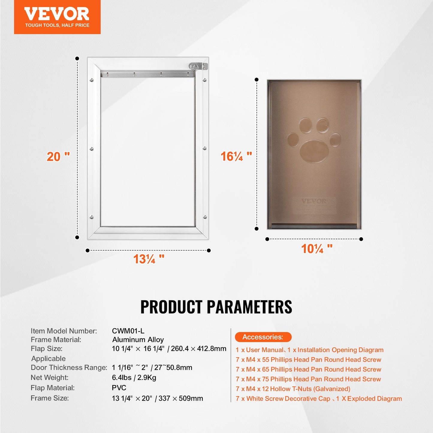 Pet Door, 13.27" x 20.04" Aluminum Frame with Lock and Flap System, Weatherproof Doggy Door, Easy to Install in Interior or Exterior Doors, Pet Door Suitable for Cat Doggie Kitties (White-L)