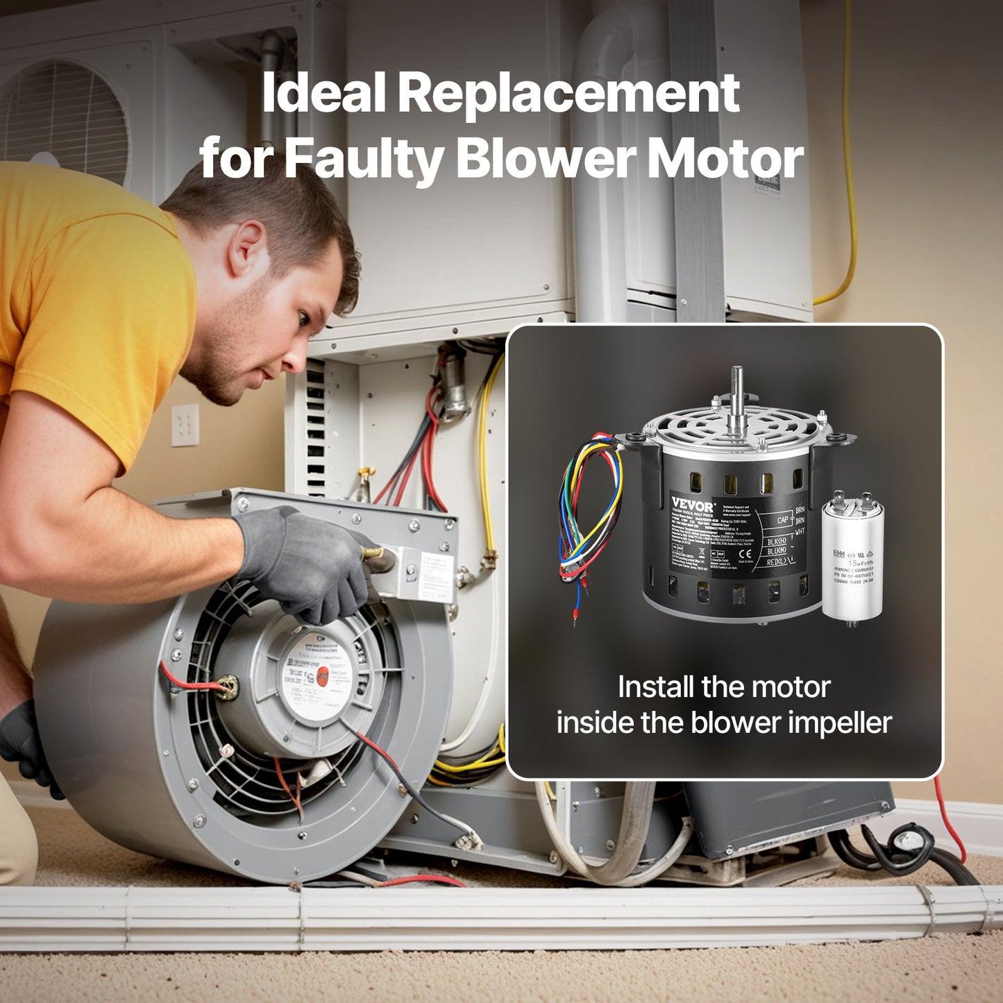 1/2 PS Gebläsemotor für Heizungsanlagen, 220 V, 2,6 A, 1300 U/min, 3 Geschwindigkeiten, 10 mm Wellendurchmesser, 20 mm Wellenlänge, Drehrichtung gegen den Uhrzeigersinn vom Wellenende, inklusive Kondensator CBB60 (15 μF/450 V)