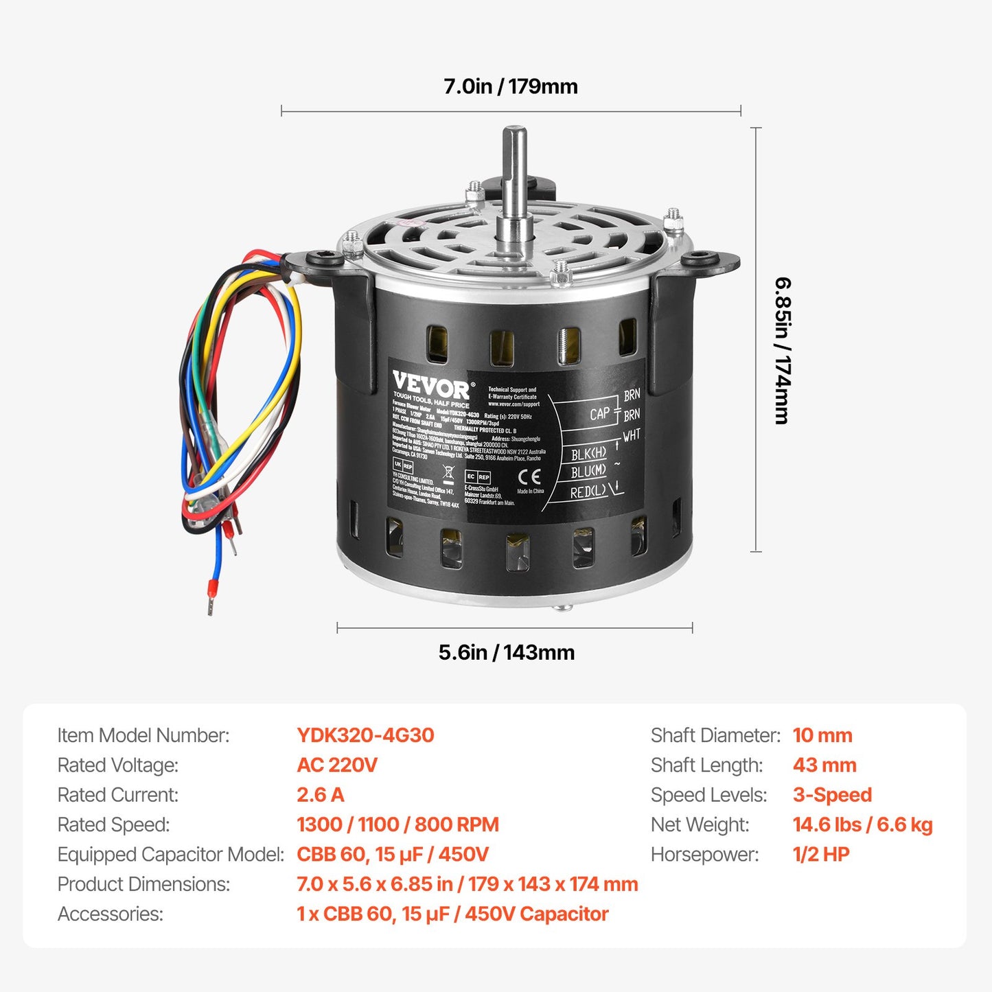 1/2 PS Gebläsemotor für Heizungsanlagen, 220 V, 2,6 A, 1300 U/min, 3 Geschwindigkeiten, 10 mm Wellendurchmesser, 20 mm Wellenlänge, Drehrichtung gegen den Uhrzeigersinn vom Wellenende, inklusive Kondensator CBB60 (15 μF/450 V)