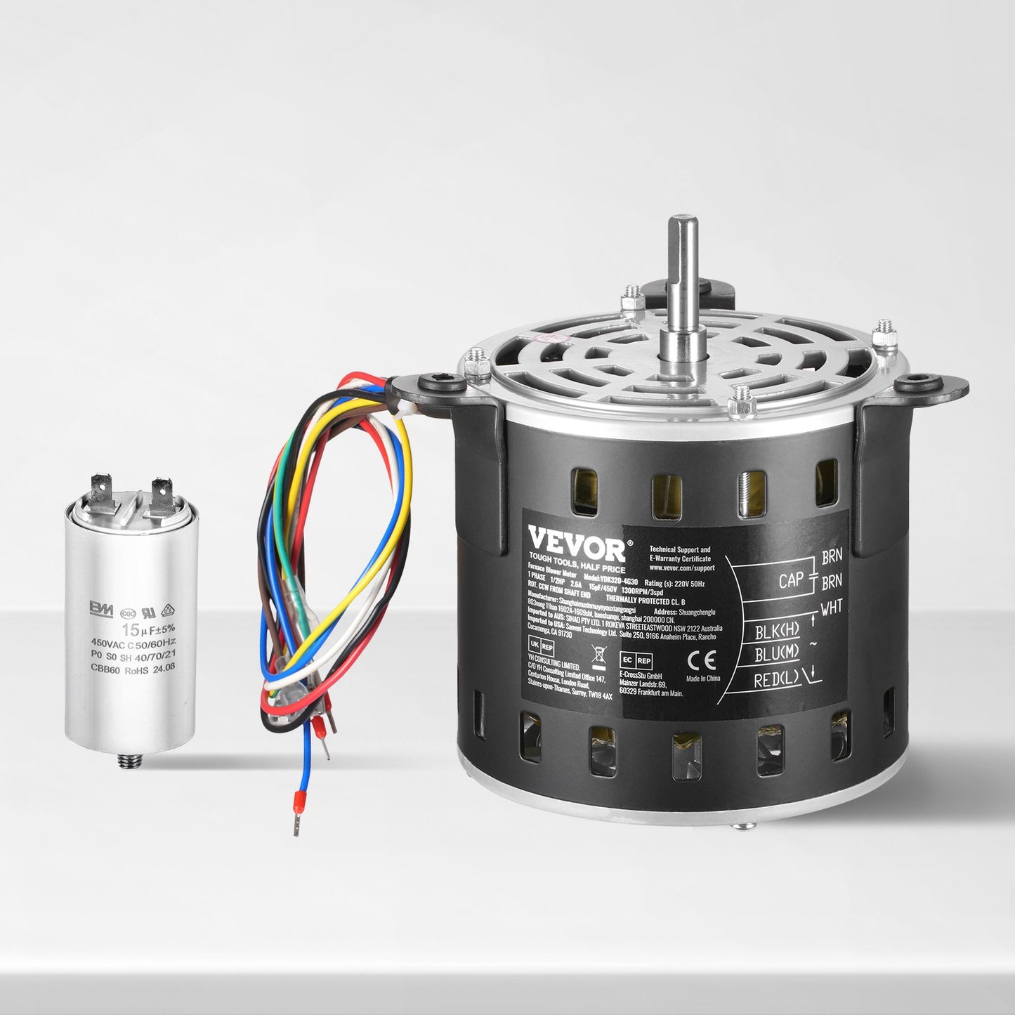 1/2 PS Gebläsemotor für Heizungsanlagen, 220 V, 2,6 A, 1300 U/min, 3 Geschwindigkeiten, 10 mm Wellendurchmesser, 20 mm Wellenlänge, Drehrichtung gegen den Uhrzeigersinn vom Wellenende, inklusive Kondensator CBB60 (15 μF/450 V)