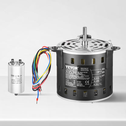 1/2 PS Gebläsemotor für Heizungsanlagen, 220 V, 2,6 A, 1300 U/min, 3 Geschwindigkeiten, 10 mm Wellendurchmesser, 20 mm Wellenlänge, Drehrichtung gegen den Uhrzeigersinn vom Wellenende, inklusive Kondensator CBB60 (15 μF/450 V)