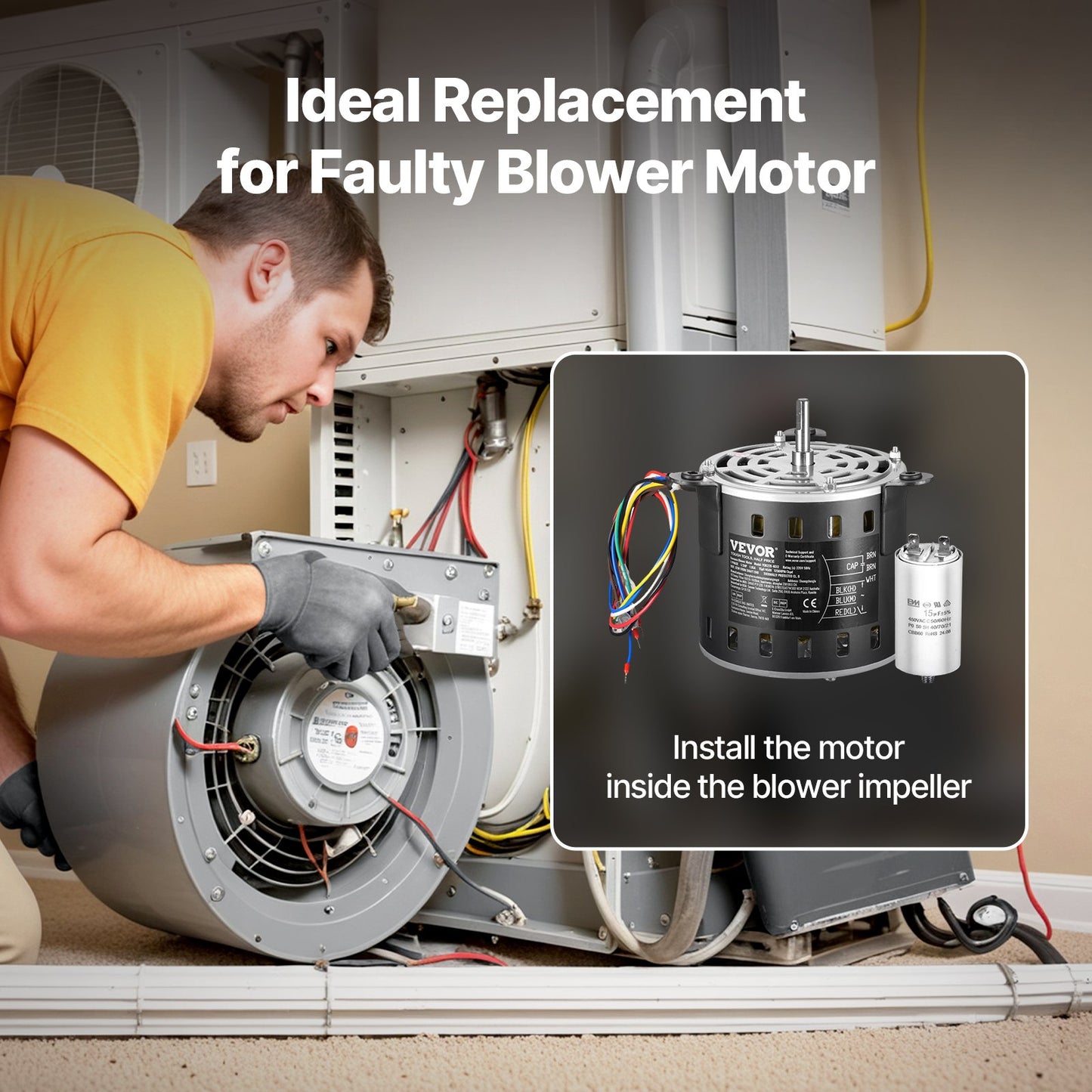 1/3 PS Gebläsemotor für Heizungsanlagen, 220 V, 1,95 A, 1250 U/min, 3 Geschwindigkeiten, 10 mm Wellendurchmesser, 20 mm Wellenlänge, Drehrichtung gegen den Uhrzeigersinn vom Wellenende, inklusive Kondensator CBB60 (15 μF/450 V)