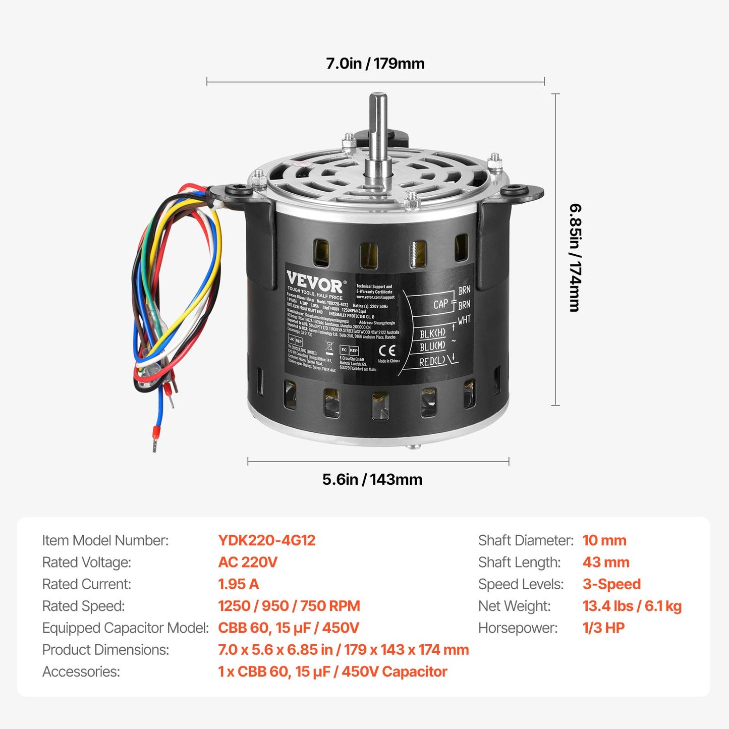 1/3 PS Gebläsemotor für Heizungsanlagen, 220 V, 1,95 A, 1250 U/min, 3 Geschwindigkeiten, 10 mm Wellendurchmesser, 20 mm Wellenlänge, Drehrichtung gegen den Uhrzeigersinn vom Wellenende, inklusive Kondensator CBB60 (15 μF/450 V)