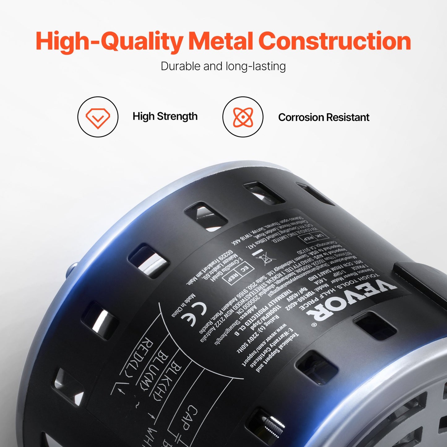 1/5 PS Gebläsemotor für Heizungsanlagen, 220 V, 1,45 A, 1100 U/min, 3 Geschwindigkeiten, 10 mm Wellendurchmesser, 20 mm Wellenlänge, Drehrichtung gegen den Uhrzeigersinn vom Wellenende, inklusive Kondensator CBB60 8 μF/450 V