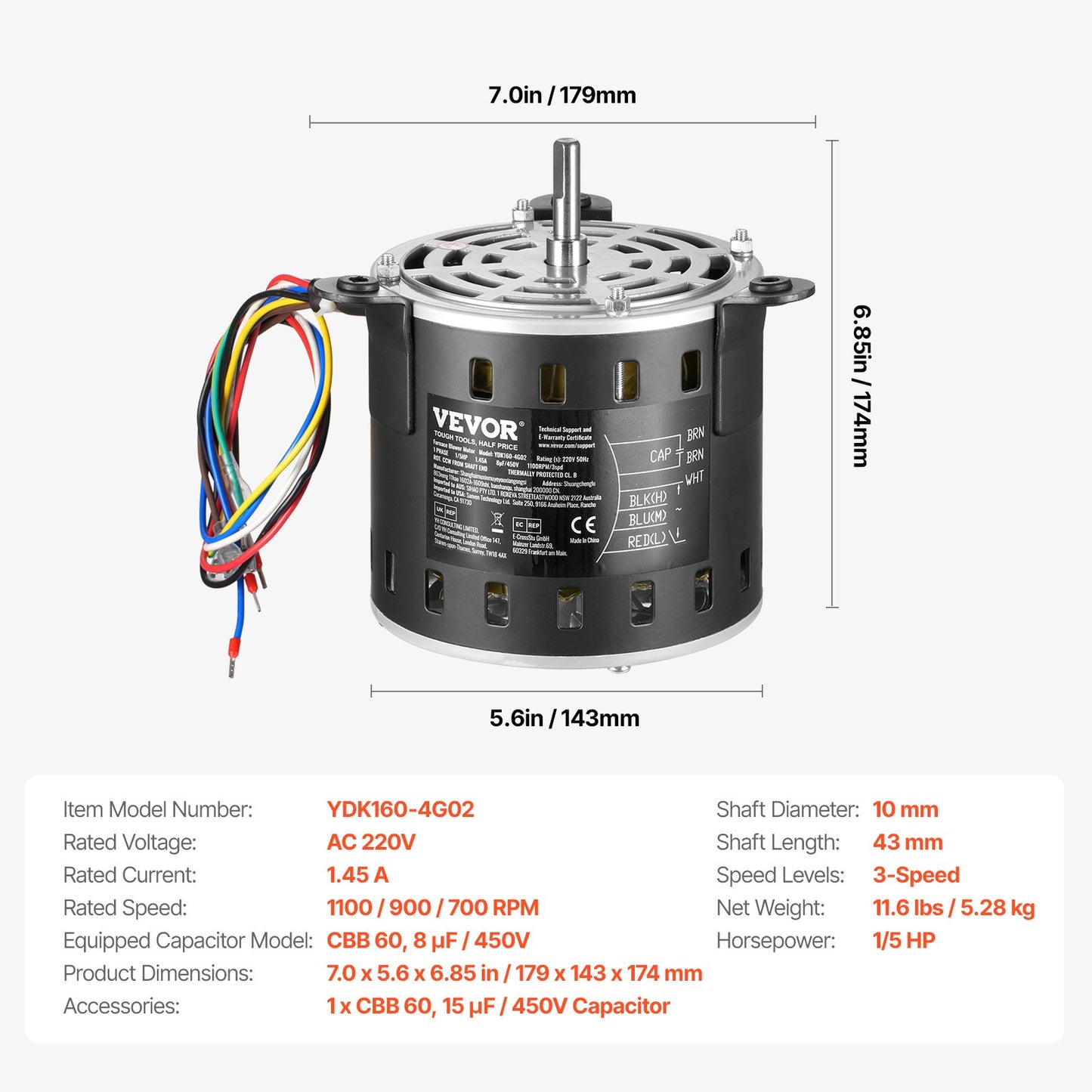1/5 PS Gebläsemotor für Heizungsanlagen, 220 V, 1,45 A, 1100 U/min, 3 Geschwindigkeiten, 10 mm Wellendurchmesser, 20 mm Wellenlänge, Drehrichtung gegen den Uhrzeigersinn vom Wellenende, inklusive Kondensator CBB60 8 μF/450 V