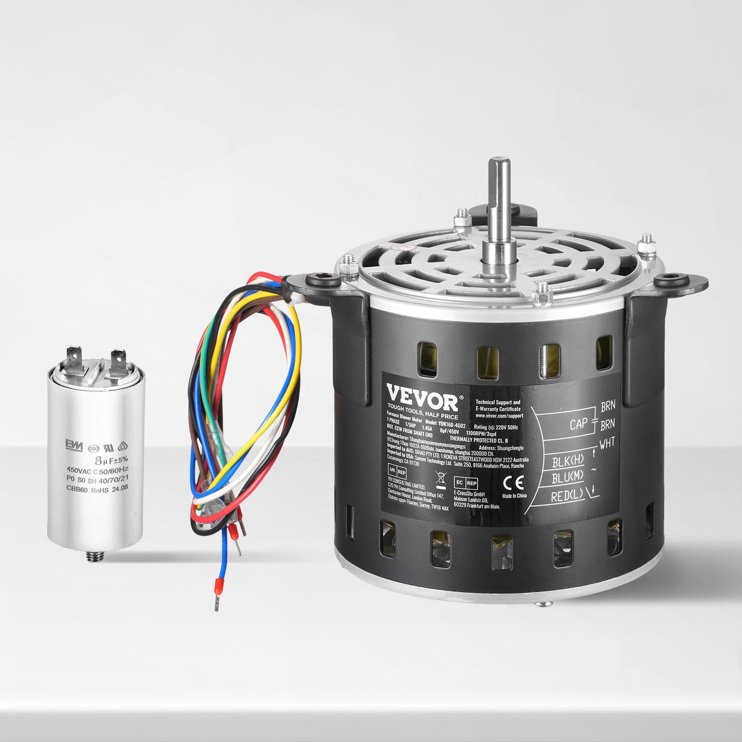 1/5 PS Gebläsemotor für Heizungsanlagen, 220 V, 1,45 A, 1100 U/min, 3 Geschwindigkeiten, 10 mm Wellendurchmesser, 20 mm Wellenlänge, Drehrichtung gegen den Uhrzeigersinn vom Wellenende, inklusive Kondensator CBB60 8 μF/450 V