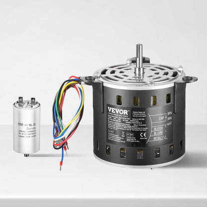 1/5 PS Gebläsemotor für Heizungsanlagen, 220 V, 1,45 A, 1100 U/min, 3 Geschwindigkeiten, 10 mm Wellendurchmesser, 20 mm Wellenlänge, Drehrichtung gegen den Uhrzeigersinn vom Wellenende, inklusive Kondensator CBB60 8 μF/450 V