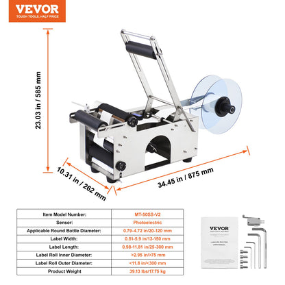 Halbautomatische Rundflaschen-Etikettiermaschine, 20-50 Stück/min, elektrischer Flaschenetikettierer für Rundflaschen, geeignet für Flaschendurchmesser 0,79-4,72 Zoll (mit Andruckstange)
