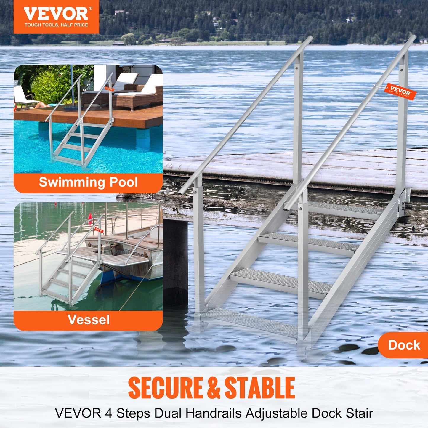 Dock Ladder 4 Step, Dock Stairs 30''-38'' Adjustable Height, 500 lbs Load Capacity, Aluminum Pontoon Boat Ladder with Dual Handrails & Anti-Slip Design Pedal for Ship/Lake/Pool/Marine Boarding