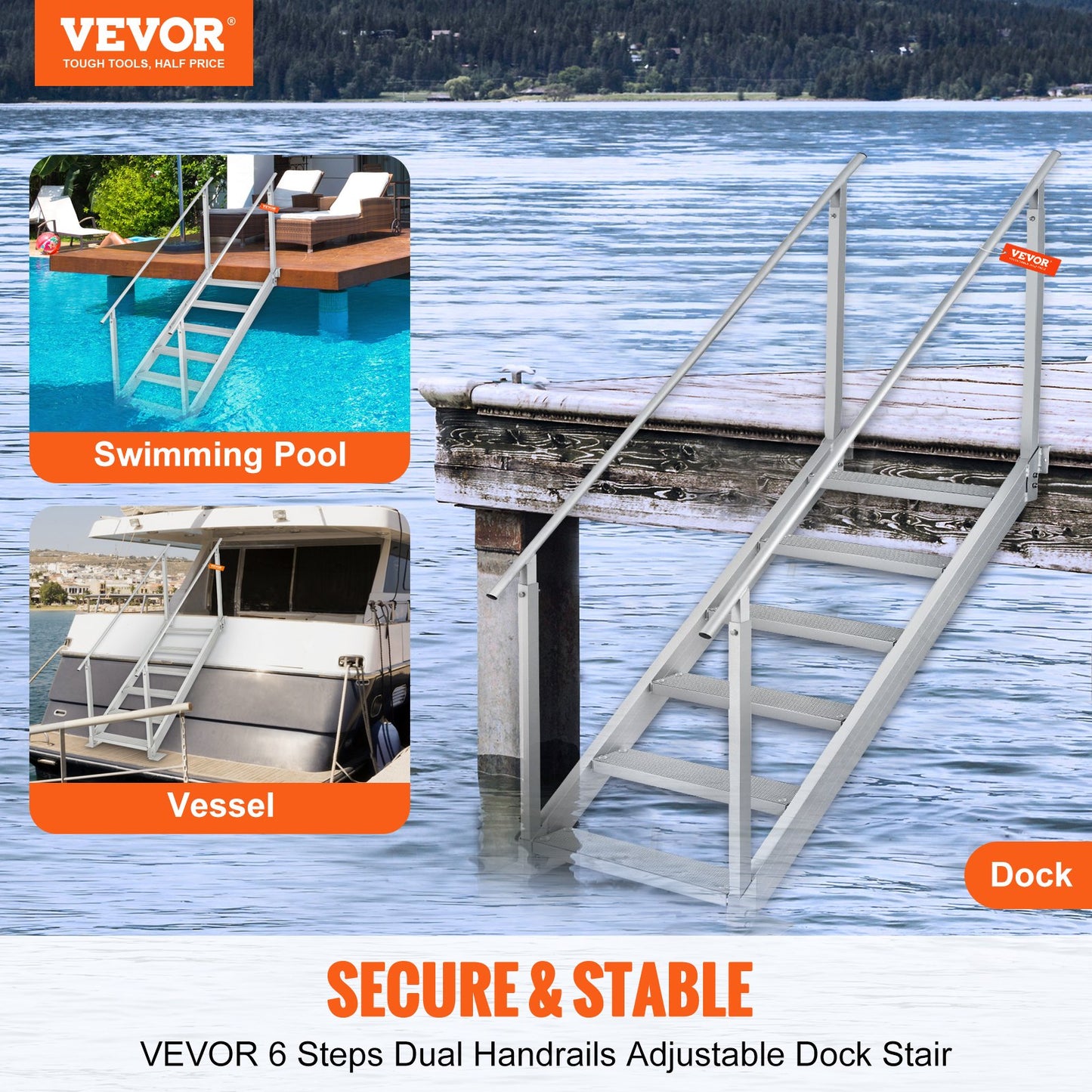 Aluminum Dock Ladder Boat Dock Ladder 43-51in/109.2-129.5 cm Height Adjustable 6 Steps