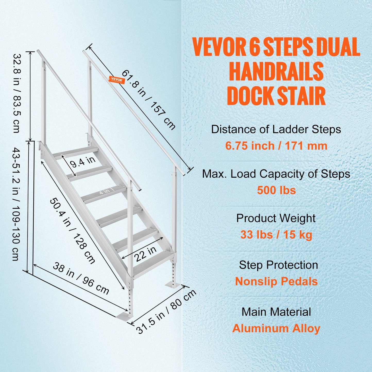 Aluminum Dock Ladder Boat Dock Ladder 43-51in/109.2-129.5 cm Height Adjustable 6 Steps