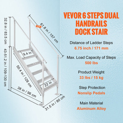 Aluminum Dock Ladder Boat Dock Ladder 43-51in/109.2-129.5 cm Height Adjustable 6 Steps