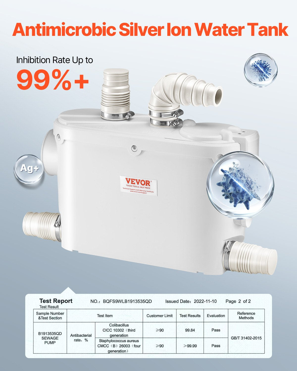Fäkalienhebeanlage, 500 W, 6600 l/h Fördermenge, 8 m Förderhöhe, mit 3 Wasseranschlüssen für Toilette, Keller, Küche, Waschbecken, Dusche und Badewanne.