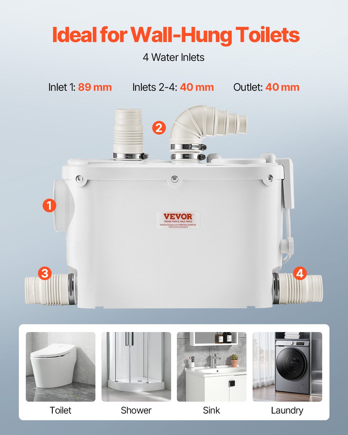 Fäkalienhebeanlage, 500 W, 6600 l/h Fördermenge, 8 m Förderhöhe, mit 3 Wasseranschlüssen für Toilette, Keller, Küche, Waschbecken, Dusche und Badewanne.