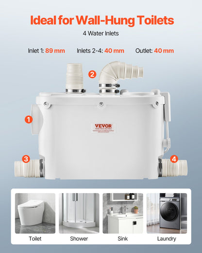 Fäkalienhebeanlage, 500 W, 6600 l/h Fördermenge, 8 m Förderhöhe, mit 3 Wasseranschlüssen für Toilette, Keller, Küche, Waschbecken, Dusche und Badewanne.