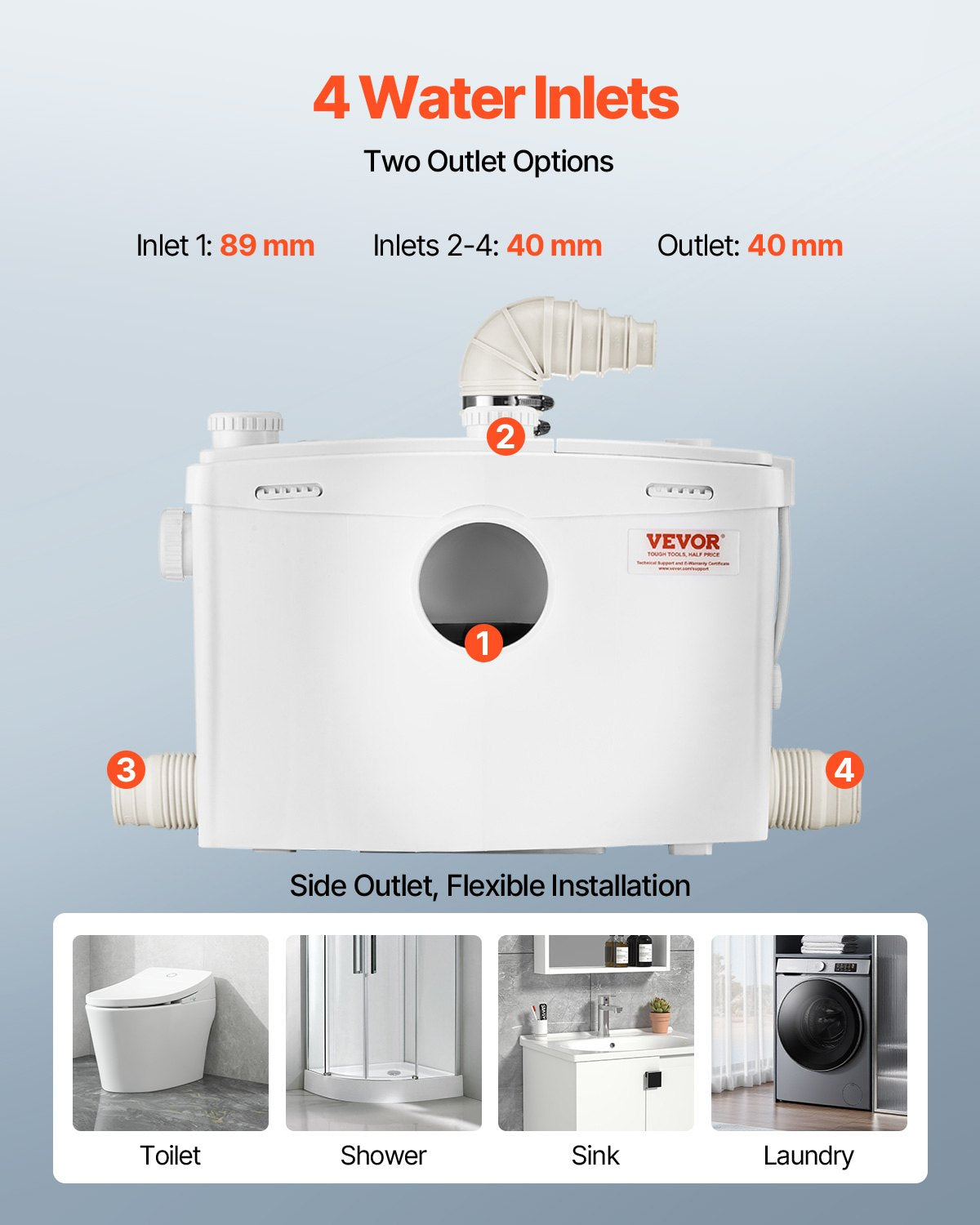 Fäkalienhebeanlage, 1200 W, 180 l/min (48 GPM) Fördermenge, 10 m Förderhöhe, Fäkalienhebeanlage mit 4 Wasserzuläufen, Abwasserentsorgungs-Spülmaschine für Toilette, Keller, Dusche, Waschbecken, Waschküche, Badewanne