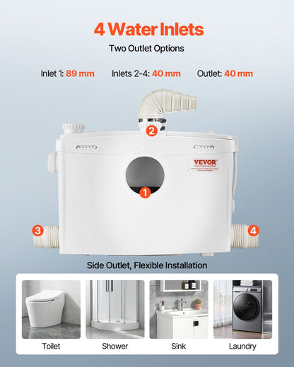 Fäkalienhebeanlage, 1200 W, 180 l/min (48 GPM) Fördermenge, 10 m Förderhöhe, Fäkalienhebeanlage mit 4 Wasserzuläufen, Abwasserentsorgungs-Spülmaschine für Toilette, Keller, Dusche, Waschbecken, Waschküche, Badewanne