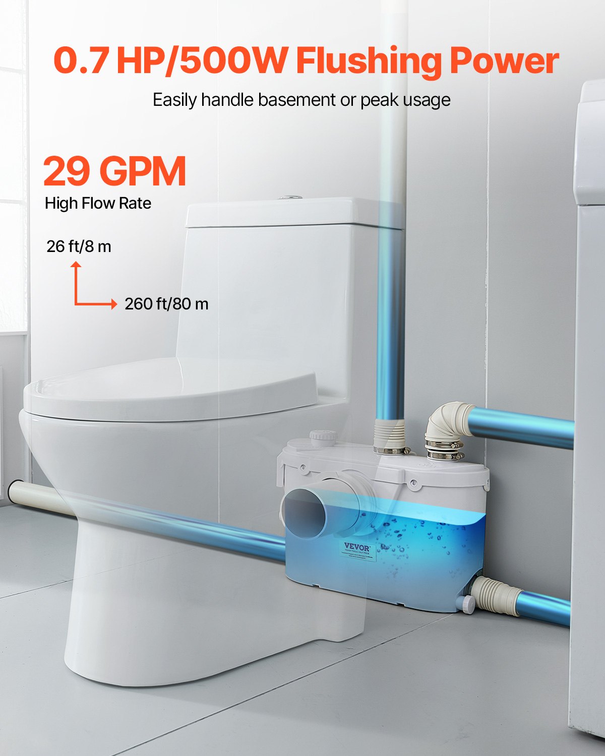 Zerhackerpumpe, 500 W, 110 l/min (29 GPM) Fördermenge, 8 m Förderhöhe, Zerhackerpumpe für Toiletten mit 4 Wasserzuläufen, Abwasserentsorgungs-Spülmaschine für Toilette, Keller, Dusche, Waschbecken, Waschküche, Badewanne