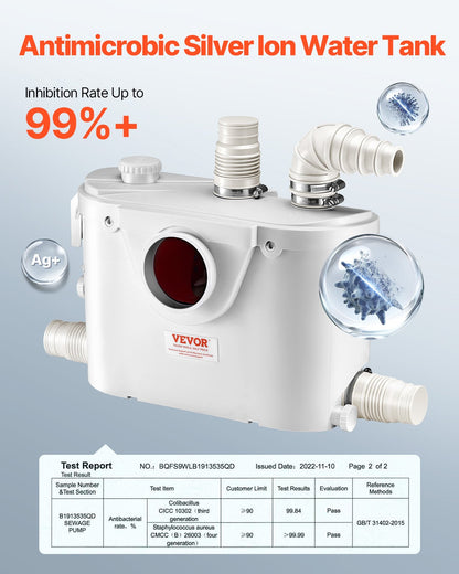 Zerhackerpumpe, 500 W, 110 l/min (29 GPM) Fördermenge, 8 m Förderhöhe, Zerhackerpumpe für Toiletten mit 4 Wasserzuläufen, Abwasserentsorgungs-Spülmaschine für Toilette, Keller, Dusche, Waschbecken, Waschküche, Badewanne