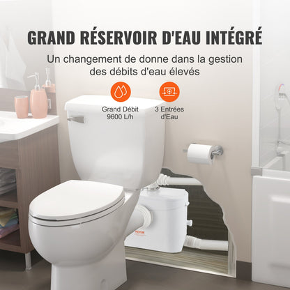 Fäkalienhebeanlage, 700 W, 9600 l/h Förderleistung, 10 m Förderhöhe, Fäkalienhebeanlage mit 3 Wasseranschlüssen für Toilette, Keller, Küche, Waschbecken, Dusche und Badewanne, Abwasserentsorgungs-Spülvorrichtung