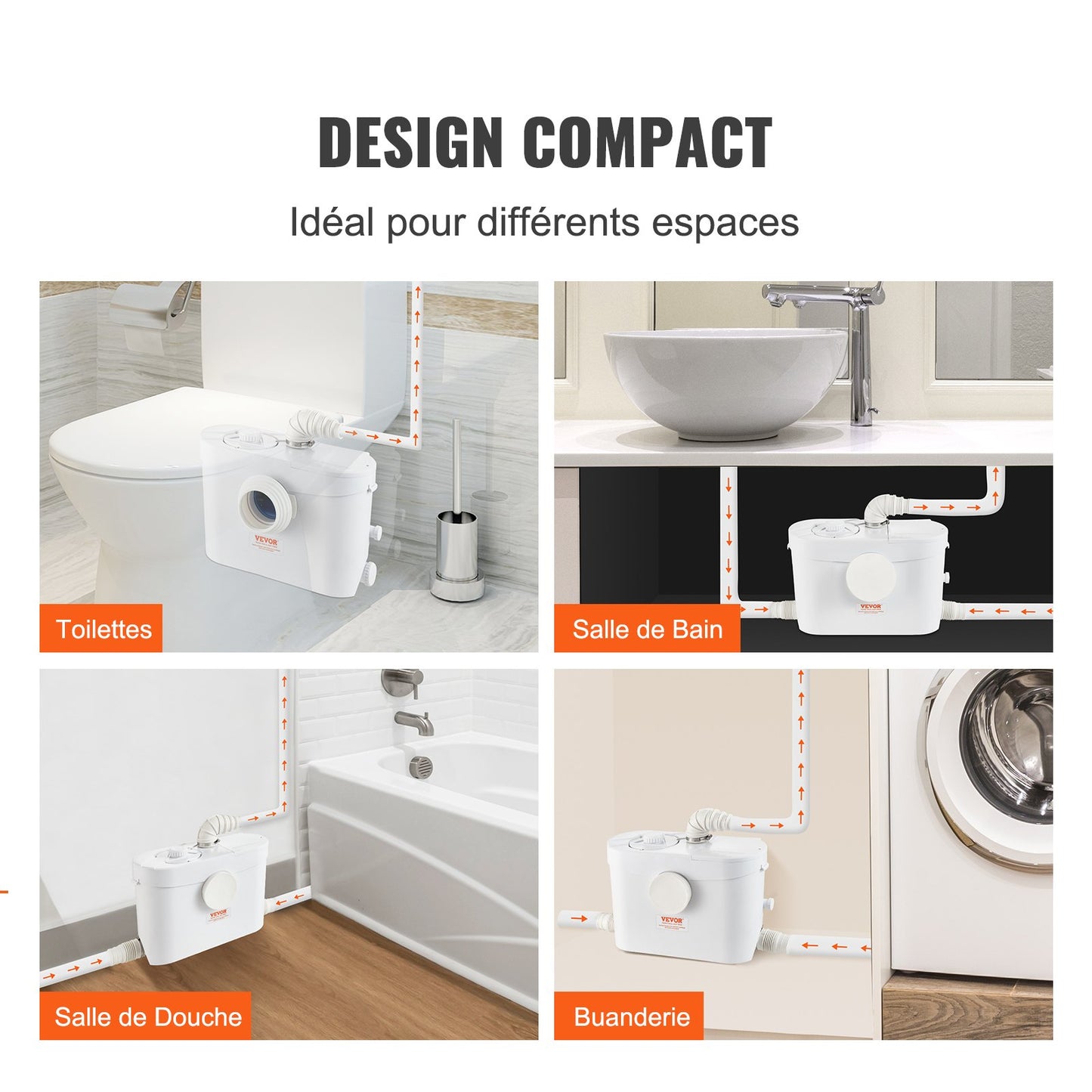 Fäkalienhebeanlage, 700 W, 9600 l/h Förderleistung, 10 m Förderhöhe, Fäkalienhebeanlage mit 3 Wasseranschlüssen für Toilette, Keller, Küche, Waschbecken, Dusche und Badewanne, Abwasserentsorgungs-Spülvorrichtung