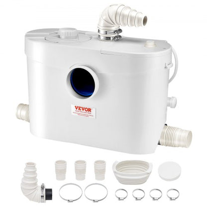 Fäkalienhebeanlage, 900 W, 180 l/min (48 GPM) Fördermenge, 12 m Förderhöhe, Fäkalienhebeanlage mit 4 Wasserzuläufen, Abwasserentsorgungs-Spülmaschine für Toilette, Keller, Dusche, Waschbecken, Waschküche, Badewanne